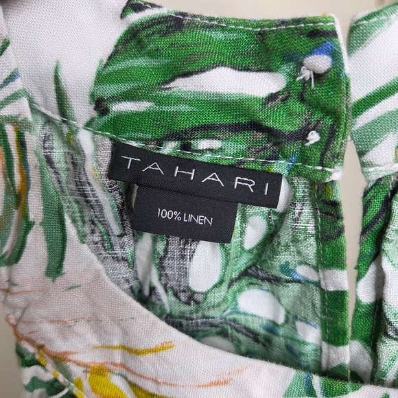 Tahari Linen Dress Tropical Palm Leaf Sleeveless White Green Size US 12 - Picture 5 of 9